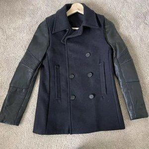 All Saints Zaskia Leather Pea Coat Jacket in Navy & Black (Size 2)